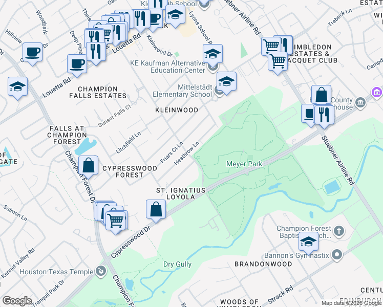 map of restaurants, bars, coffee shops, grocery stores, and more near 7727 Heathrow Lane in Spring