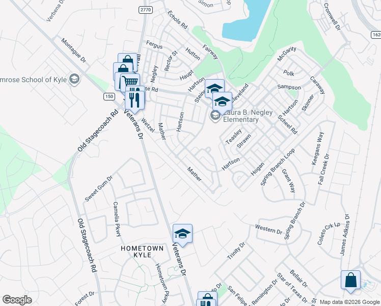 map of restaurants, bars, coffee shops, grocery stores, and more near 4838 Mather in Kyle