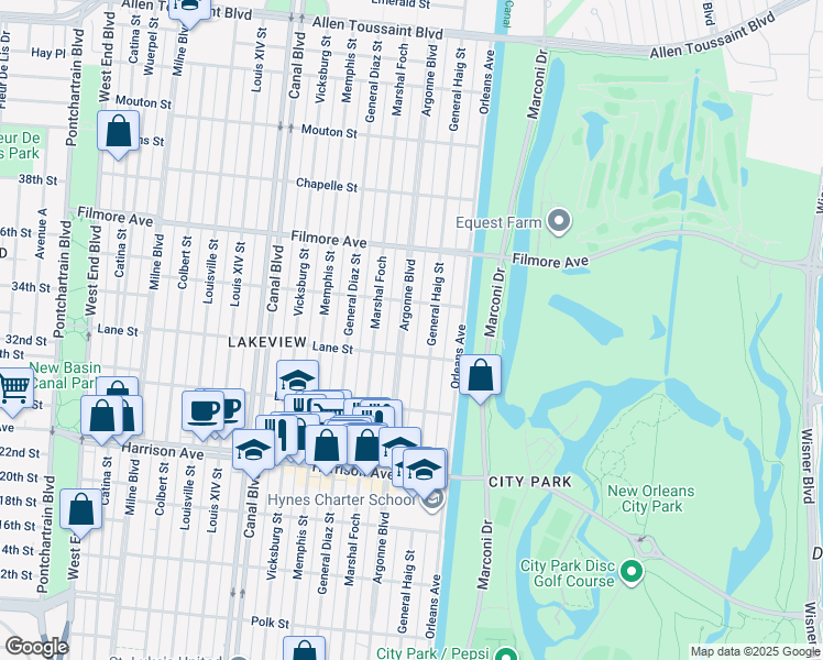 map of restaurants, bars, coffee shops, grocery stores, and more near 6537 Argonne Boulevard in New Orleans