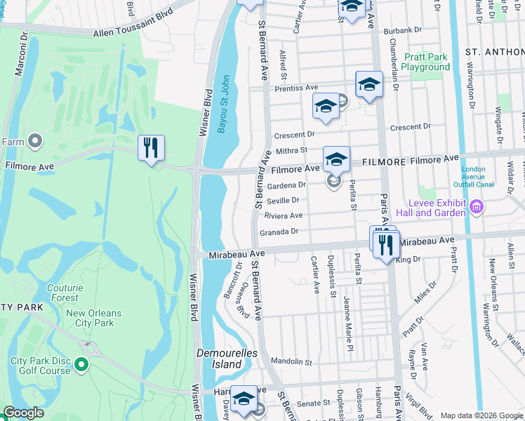 map of restaurants, bars, coffee shops, grocery stores, and more near 1201 Riviera Avenue in New Orleans