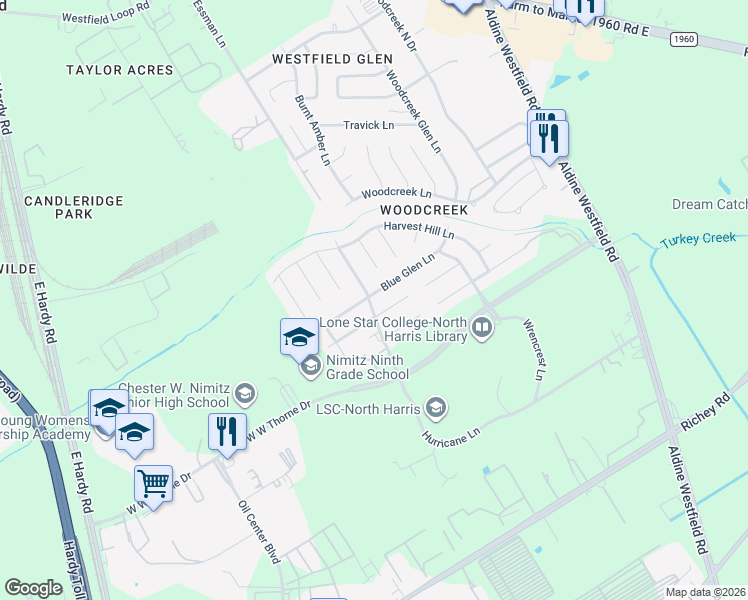map of restaurants, bars, coffee shops, grocery stores, and more near 2802 Blue Glen Lane in Houston