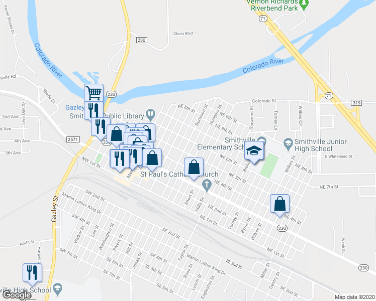 map of restaurants, bars, coffee shops, grocery stores, and more near 500 Burleson Street in Smithville