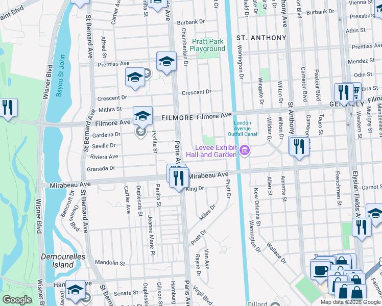 map of restaurants, bars, coffee shops, grocery stores, and more near 5106 Chamberlain Drive in New Orleans