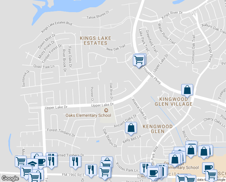 map of restaurants, bars, coffee shops, grocery stores, and more near 5902 Bent Tree Court in Humble