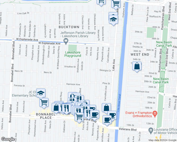 map of restaurants, bars, coffee shops, grocery stores, and more near 1308 Aris Avenue in Metairie