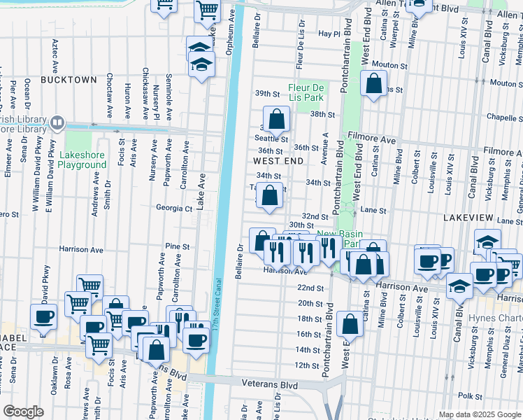 map of restaurants, bars, coffee shops, grocery stores, and more near 6400 Center Street in New Orleans