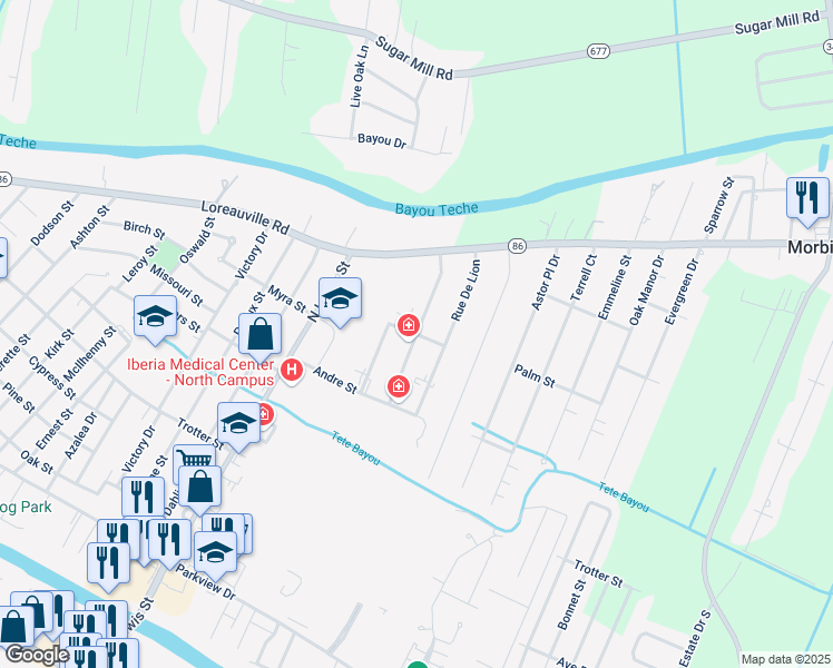 map of restaurants, bars, coffee shops, grocery stores, and more near 1050 Rue De Pierre in New Iberia