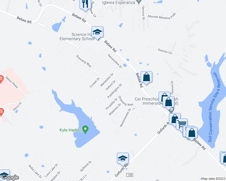 map of restaurants, bars, coffee shops, grocery stores, and more near 302 Paddington Drive in Kyle