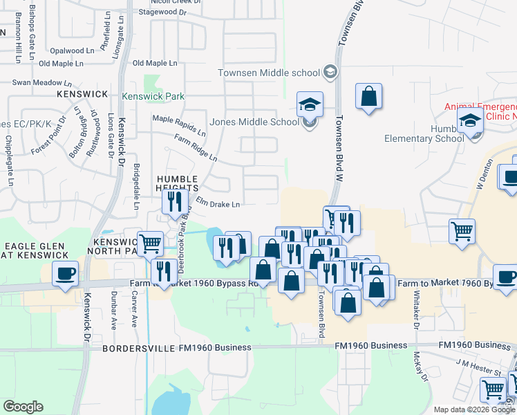 map of restaurants, bars, coffee shops, grocery stores, and more near 9102 Stag Brook Court in Humble