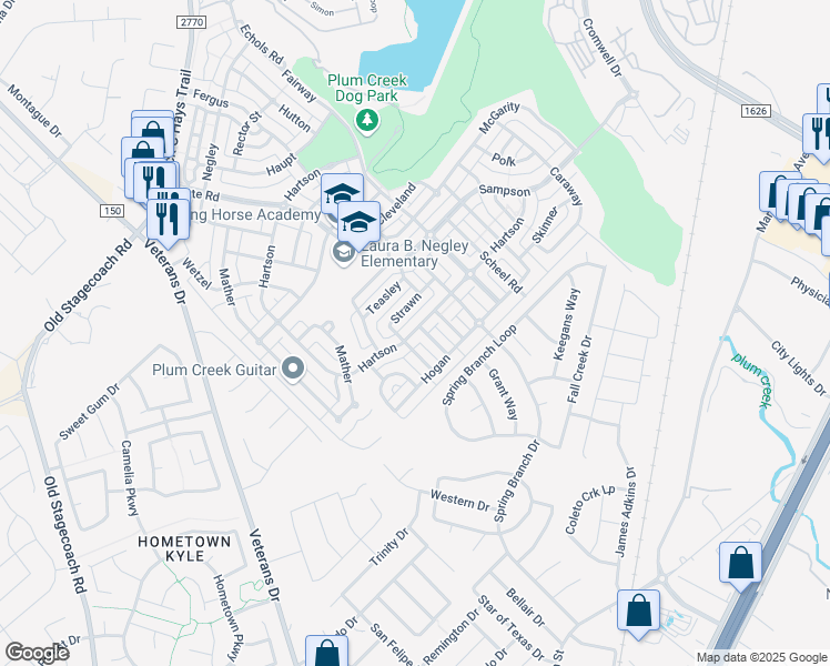 map of restaurants, bars, coffee shops, grocery stores, and more near 5301 Hartson in Kyle