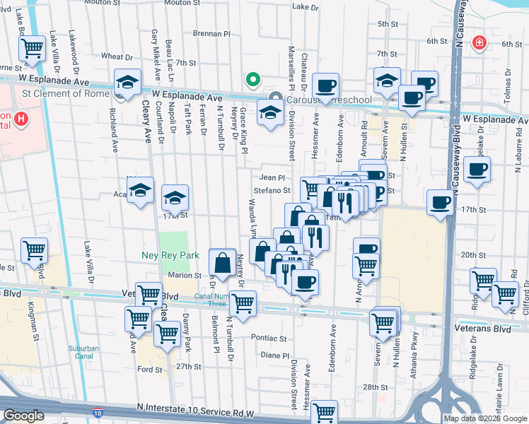 map of restaurants, bars, coffee shops, grocery stores, and more near 3812 Simone Garden Street in Metairie