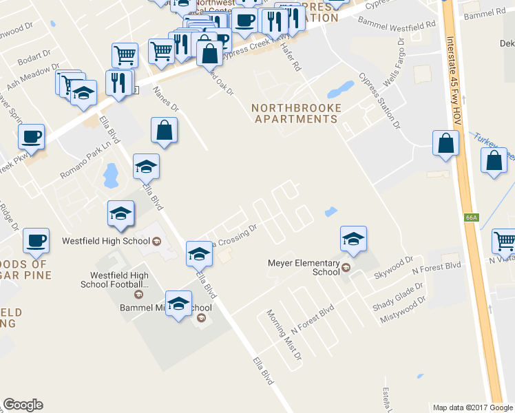 map of restaurants, bars, coffee shops, grocery stores, and more near 16626 Burnell Oaks Lane in Houston
