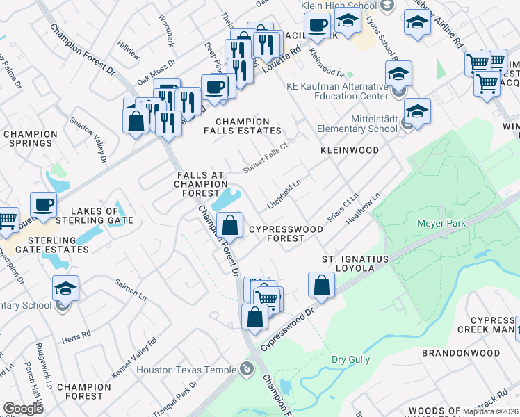 map of restaurants, bars, coffee shops, grocery stores, and more near 16403 Heiden Circle in Spring