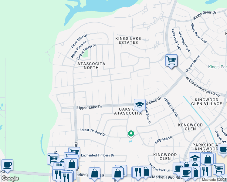 map of restaurants, bars, coffee shops, grocery stores, and more near 19802 Big Timber Drive in Humble