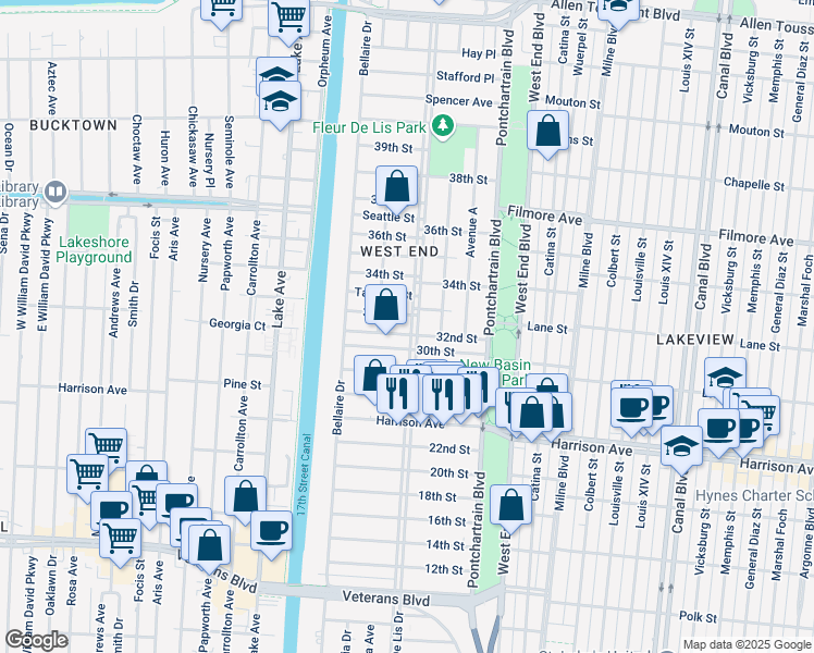map of restaurants, bars, coffee shops, grocery stores, and more near 6414 Fleur De Lis Drive in New Orleans