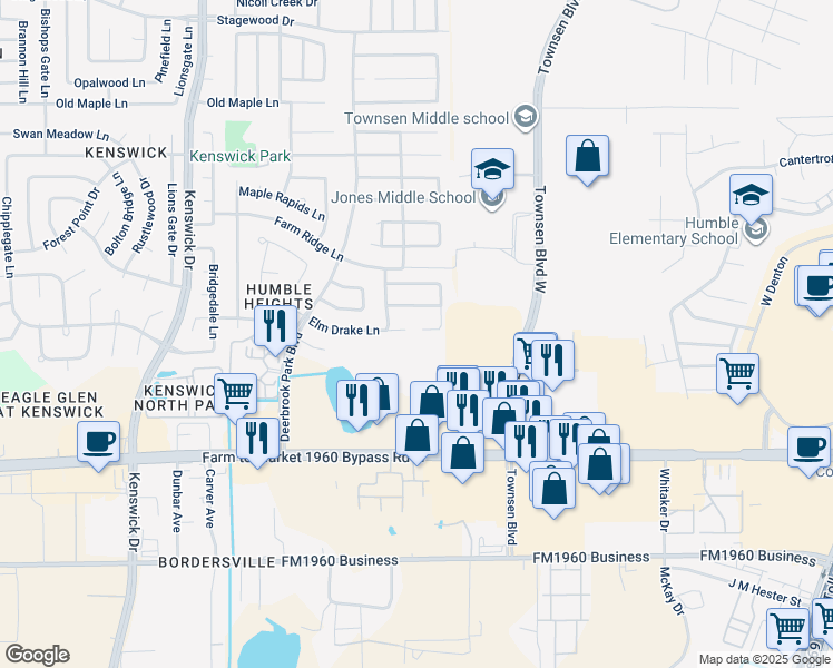 map of restaurants, bars, coffee shops, grocery stores, and more near 9102 Stag Brook Court in Humble