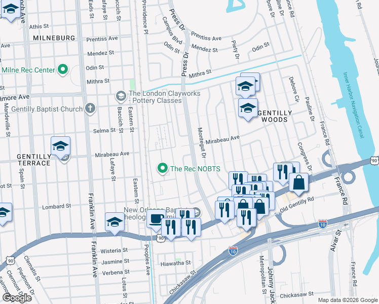 map of restaurants, bars, coffee shops, grocery stores, and more near 4800 Press Drive in New Orleans