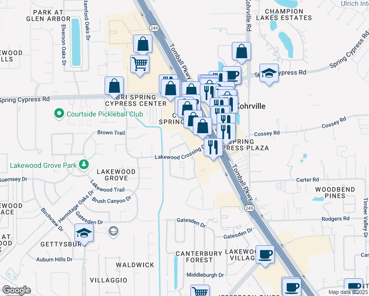 map of restaurants, bars, coffee shops, grocery stores, and more near 16106 Maplewick Drive in Tomball