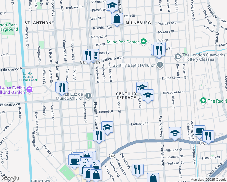 map of restaurants, bars, coffee shops, grocery stores, and more near 4931 Mandeville Street in New Orleans