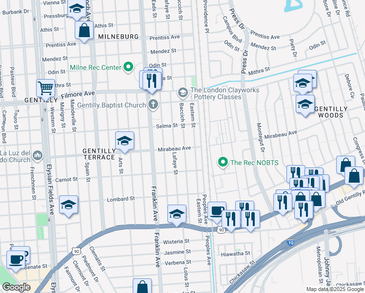 map of restaurants, bars, coffee shops, grocery stores, and more near 4902 Baccich Street in New Orleans