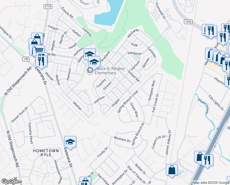 map of restaurants, bars, coffee shops, grocery stores, and more near 127 Chesser in Kyle