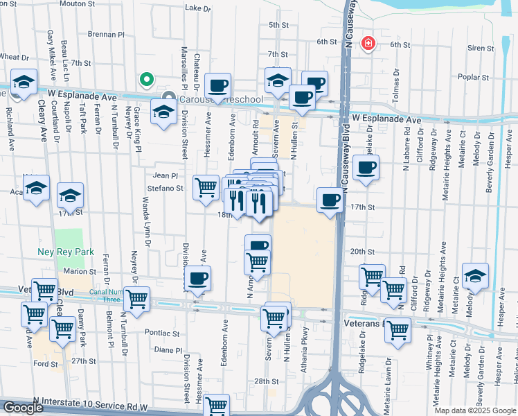 map of restaurants, bars, coffee shops, grocery stores, and more near 3521 18th Street in Metairie