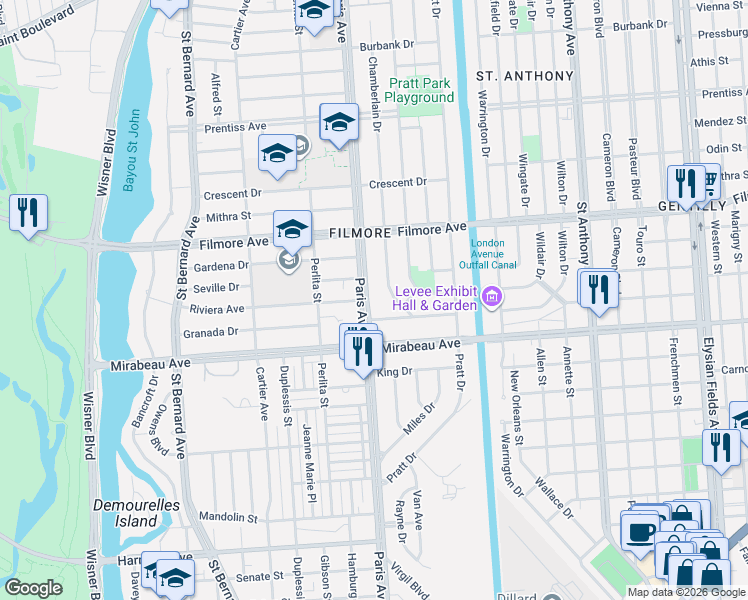 map of restaurants, bars, coffee shops, grocery stores, and more near 5106 Chamberlain Drive in New Orleans