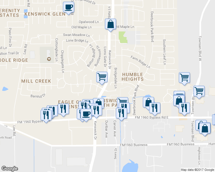 map of restaurants, bars, coffee shops, grocery stores, and more near 8607 Orchard Ridge Lane in Humble