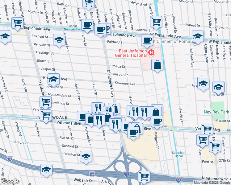 map of restaurants, bars, coffee shops, grocery stores, and more near 3617 Clearview Parkway in Metairie