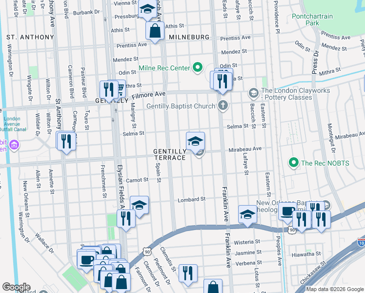 map of restaurants, bars, coffee shops, grocery stores, and more near 4921 Music Street in New Orleans
