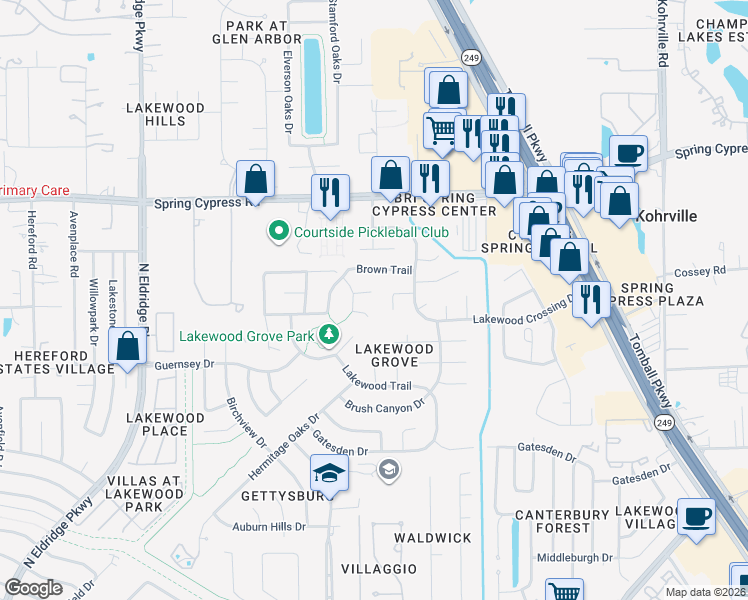 map of restaurants, bars, coffee shops, grocery stores, and more near 11507 Hidden Grove Court in Tomball