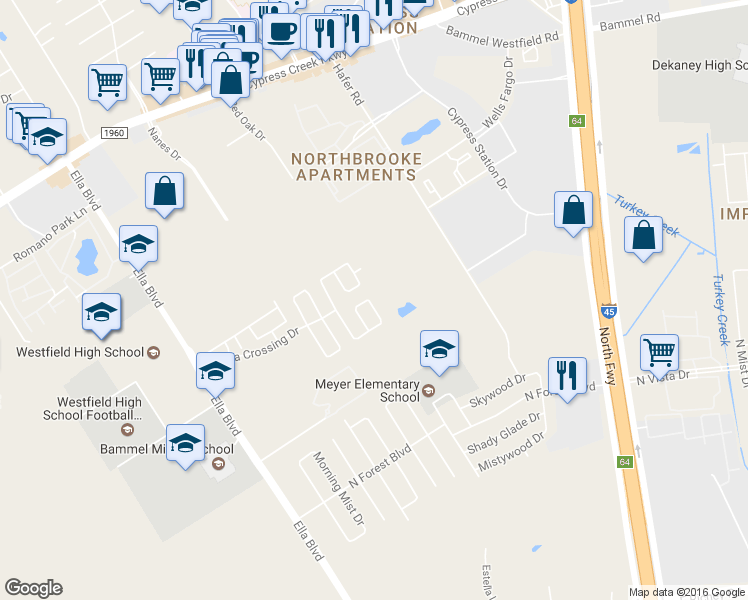 map of restaurants, bars, coffee shops, grocery stores, and more near 16554 Pentonshire Lane in Houston