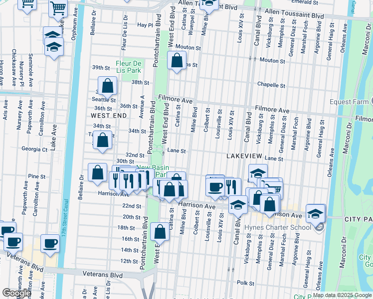 map of restaurants, bars, coffee shops, grocery stores, and more near 225 Lane Street in New Orleans