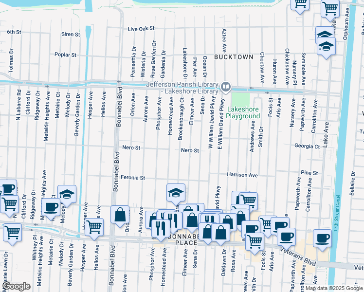 map of restaurants, bars, coffee shops, grocery stores, and more near 1005 Brockenbraugh Court in Metairie