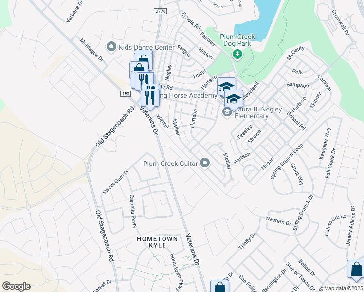 map of restaurants, bars, coffee shops, grocery stores, and more near 4234 Mather in Kyle