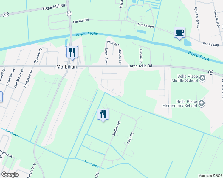 map of restaurants, bars, coffee shops, grocery stores, and more near 309 Sugartrace Lane in New Iberia