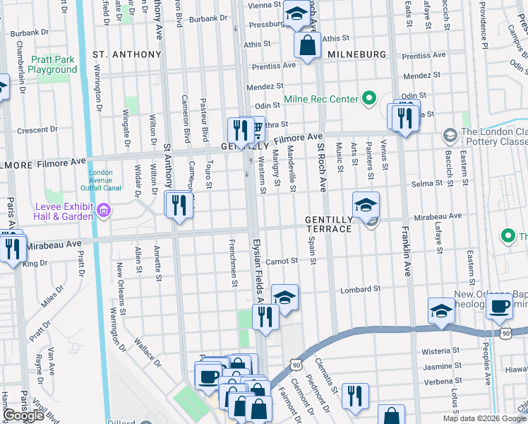 map of restaurants, bars, coffee shops, grocery stores, and more near 4931 Elysian Fields Avenue in New Orleans