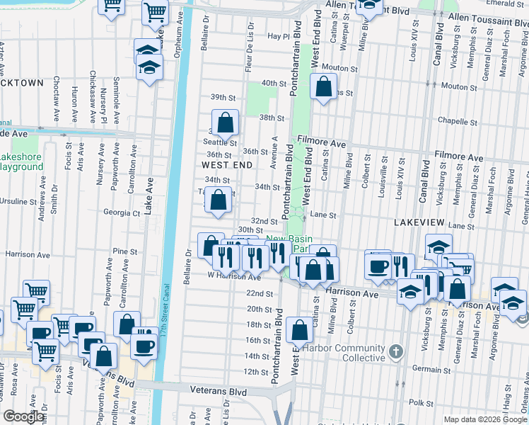 map of restaurants, bars, coffee shops, grocery stores, and more near 6409 Avenue B in New Orleans