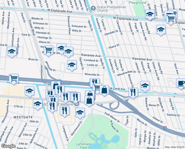 map of restaurants, bars, coffee shops, grocery stores, and more near 6220 Riverside Drive in Metairie