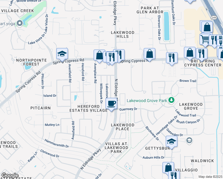 map of restaurants, bars, coffee shops, grocery stores, and more near 16323 North Eldridge Parkway in Tomball