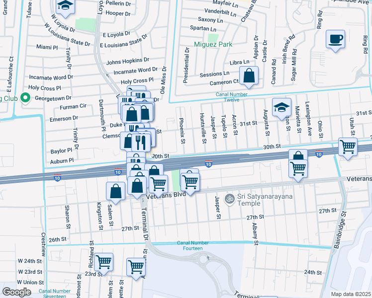 map of restaurants, bars, coffee shops, grocery stores, and more near 3022 Phoenix Street in Kenner