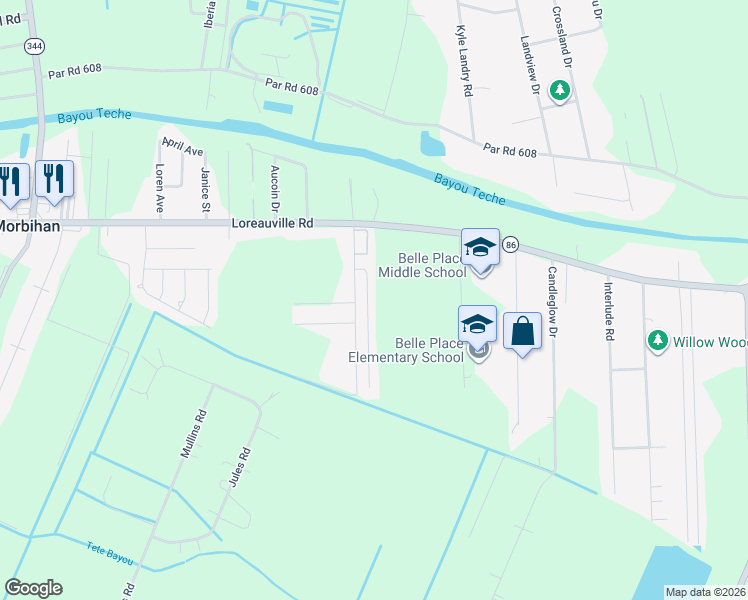 map of restaurants, bars, coffee shops, grocery stores, and more near 3903 Willow Bend Drive in New Iberia