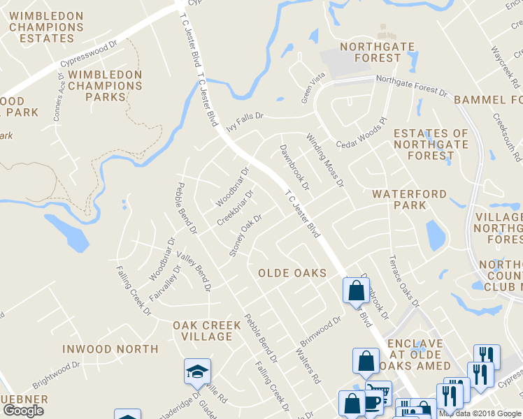 map of restaurants, bars, coffee shops, grocery stores, and more near 3414 Stoney Oak Drive in Houston