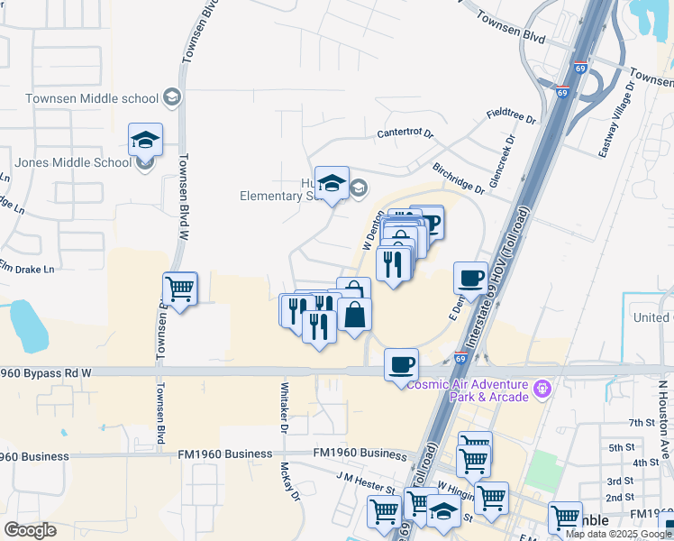 map of restaurants, bars, coffee shops, grocery stores, and more near 9838 Westminster Drive in Humble