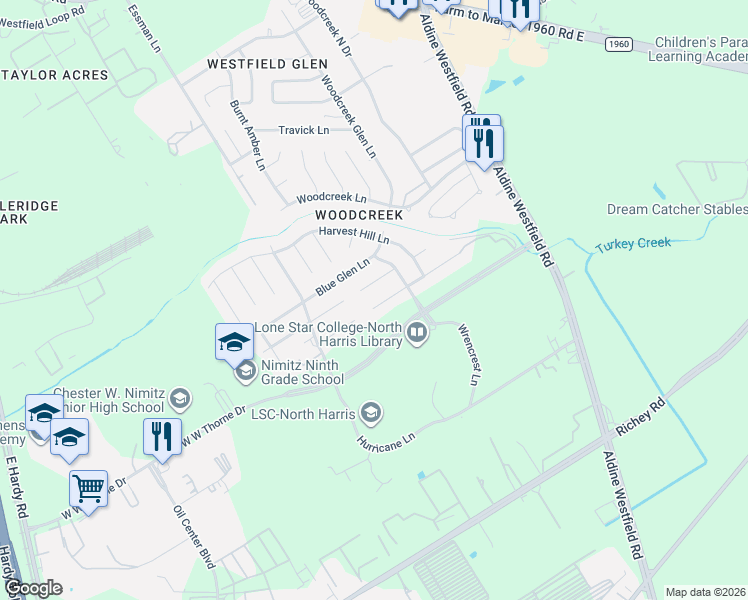 map of restaurants, bars, coffee shops, grocery stores, and more near 2911 Thorne Creek Lane in Houston