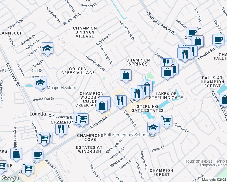 map of restaurants, bars, coffee shops, grocery stores, and more near 9135 Prairie Trails Dr in Spring