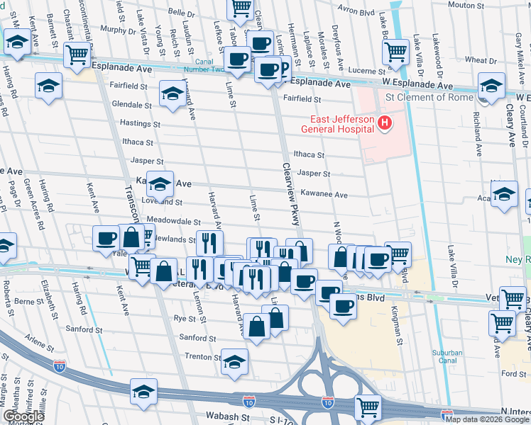 map of restaurants, bars, coffee shops, grocery stores, and more near 3612 Lime Street in Metairie