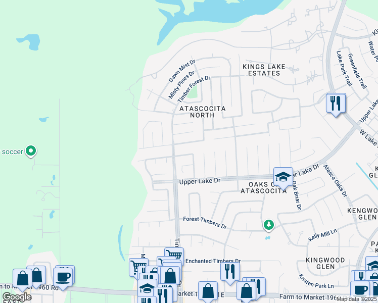 map of restaurants, bars, coffee shops, grocery stores, and more near 5423 Enchanted Mist Drive in Humble