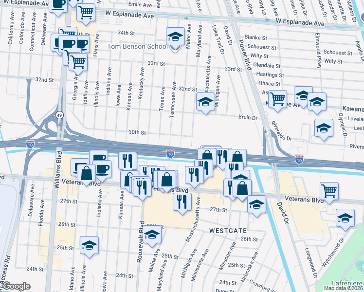 map of restaurants, bars, coffee shops, grocery stores, and more near 2911 Maine Avenue in Kenner