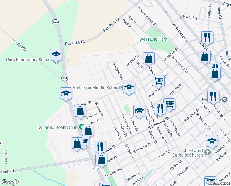 map of restaurants, bars, coffee shops, grocery stores, and more near 742 Mississippi Street in New Iberia